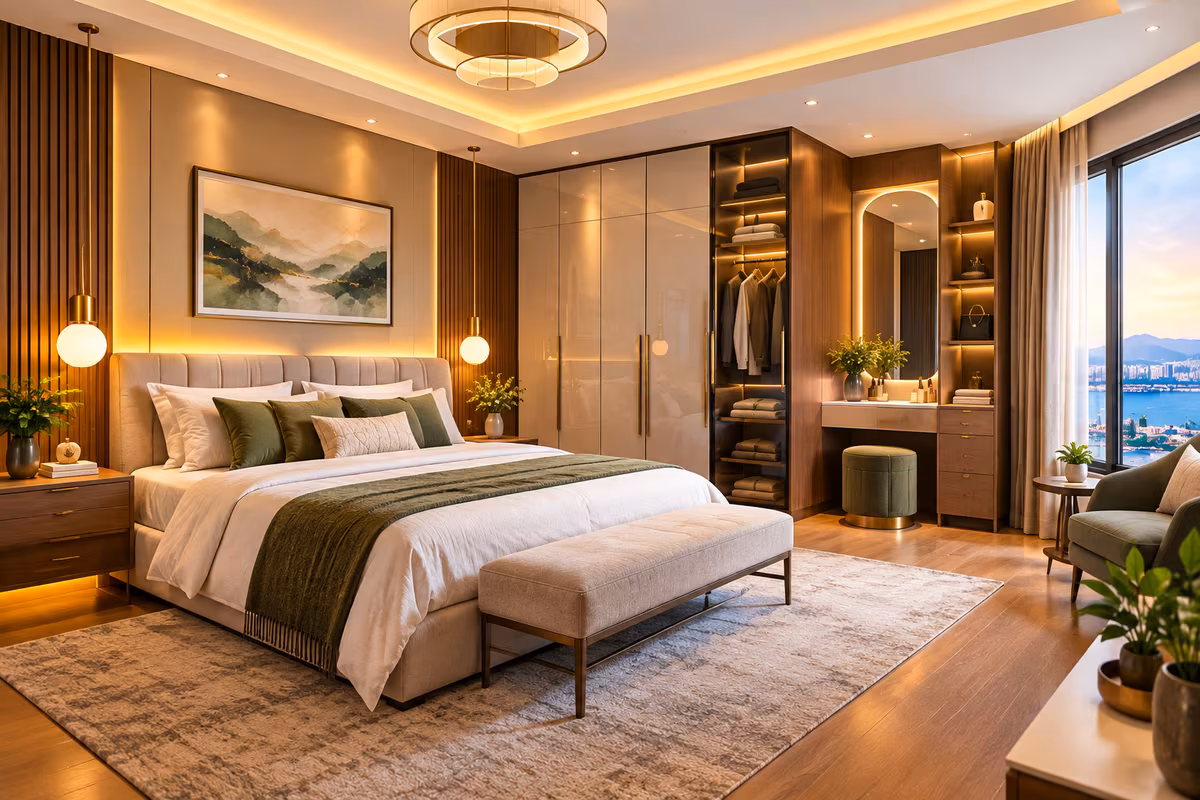 Spacious master bedroom with an upholstered bed, bench, walk-in style glass wardrobe and dresser by ASK Design and Build