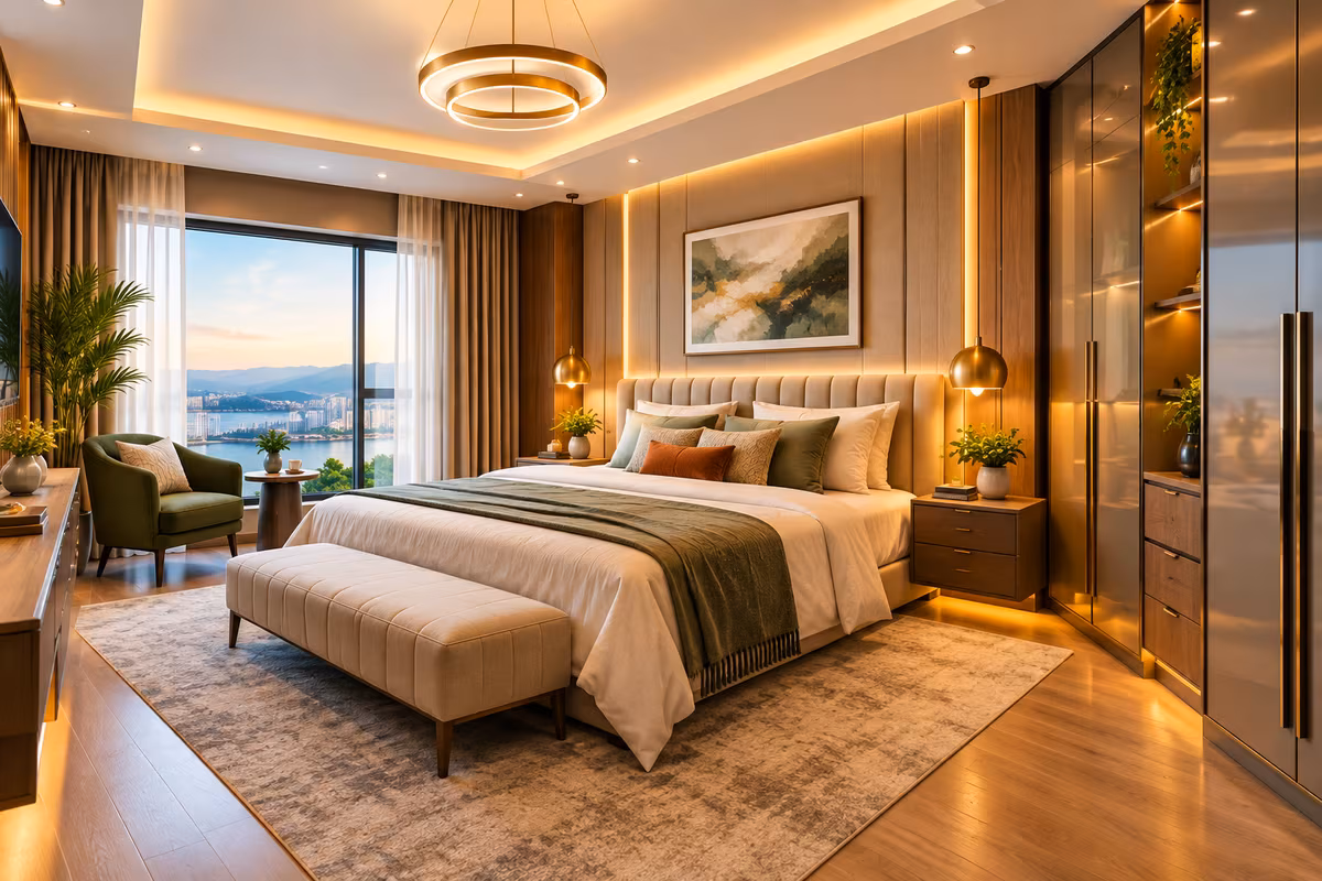 Bedroom layout with clear circulation around the bed, a lounge chair by the window and a tall wardrobe by ASK Design and Build