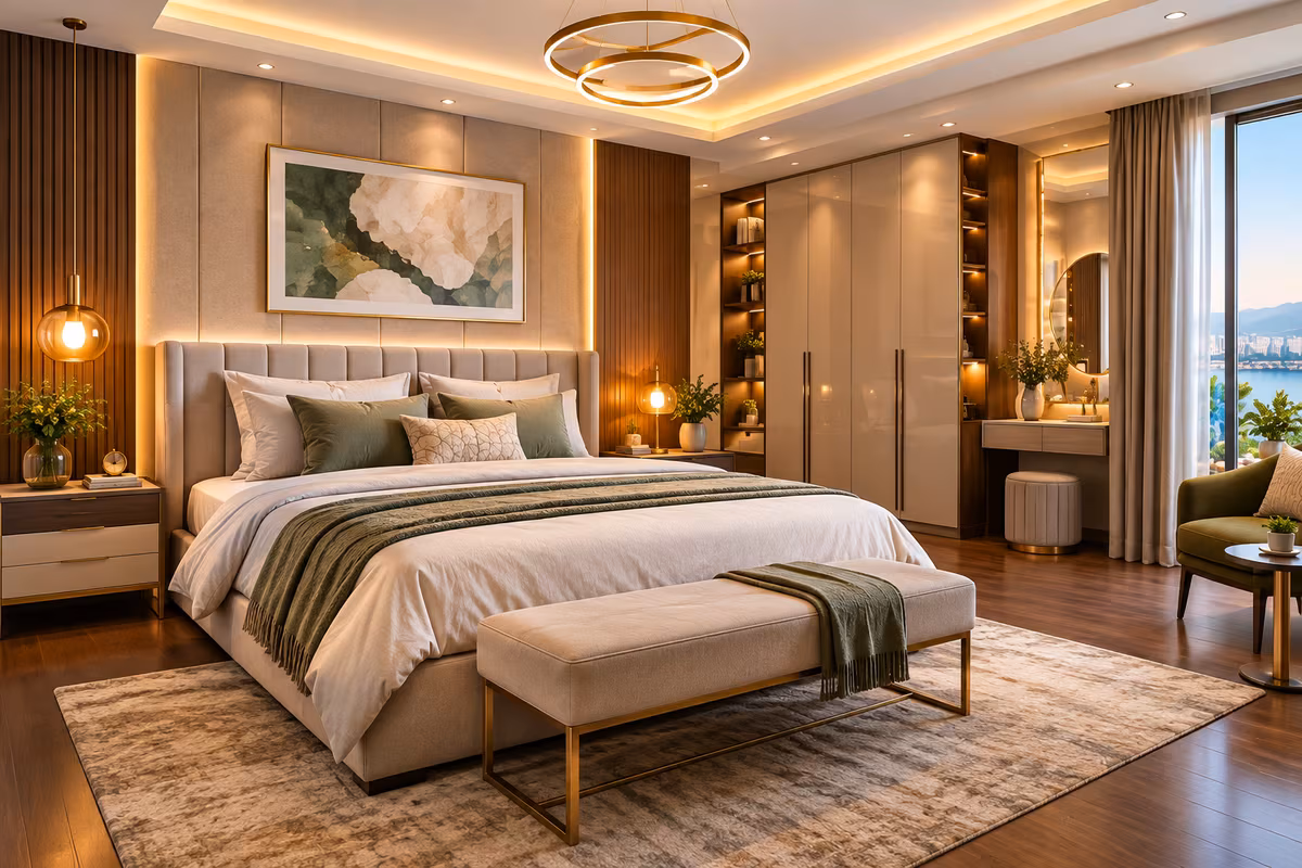 King-size bed with a channel-tufted upholstered headboard and matching bedside tables by ASK Design and Build