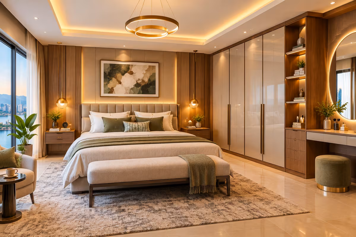Floor-to-ceiling glossy wardrobe with open shelving and a built-in dressing unit in a bedroom by ASK Design and Build