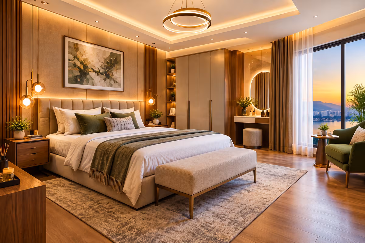 Bedroom with cove ceiling lighting, a ring chandelier and pendant bedside lights by ASK Design and Build