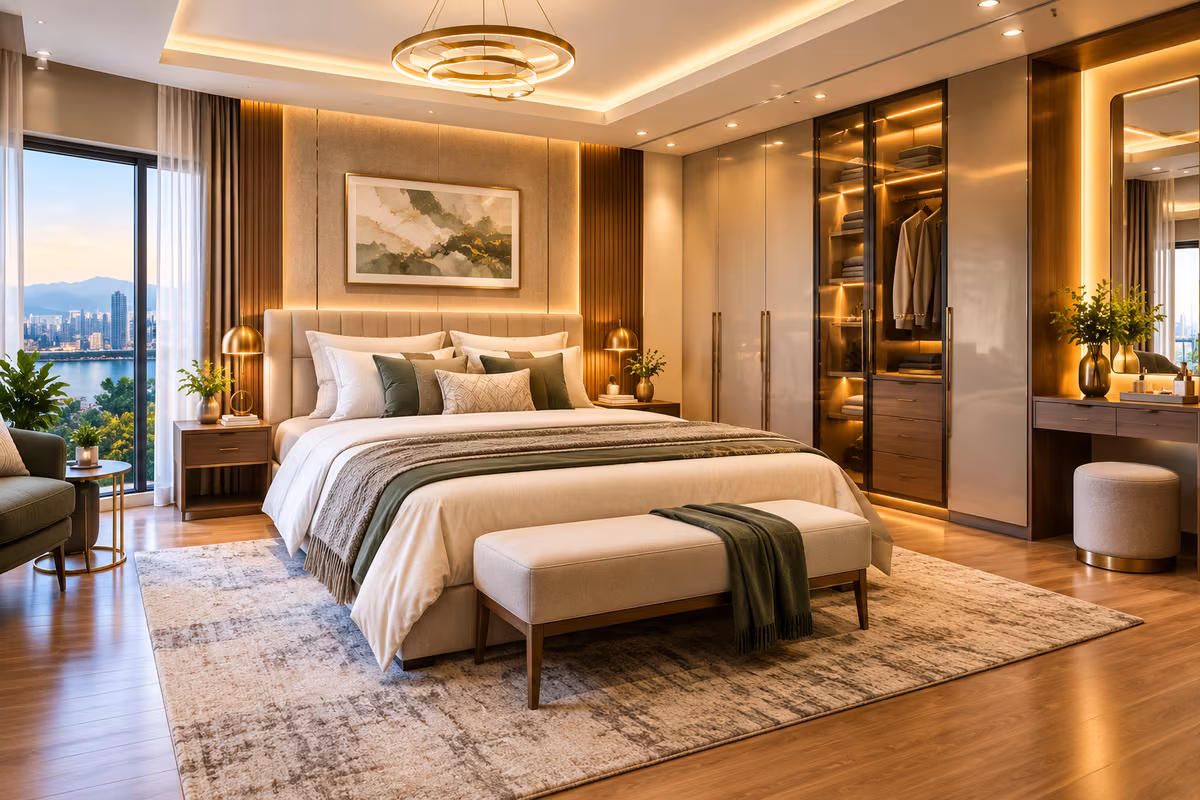 Bedroom combining wood panelling, upholstered bed, textured rug and glass-fronted wardrobe by ASK Design and Build