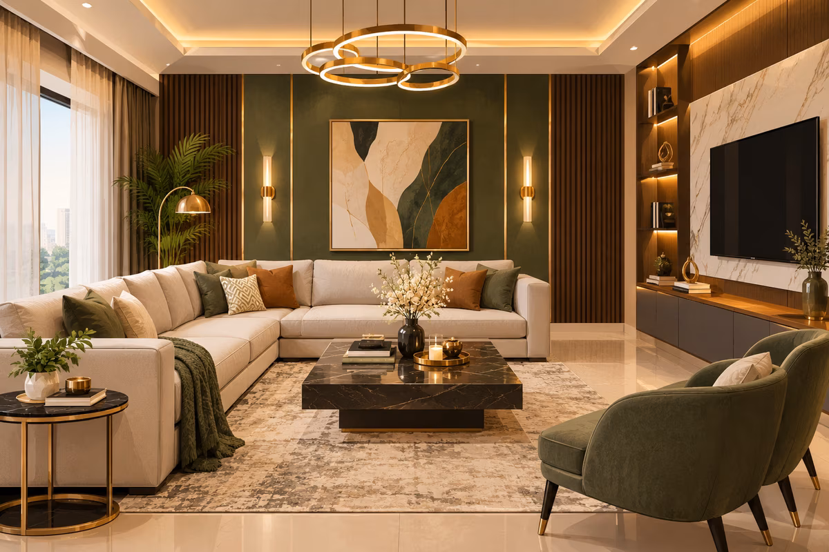 Living room with an L-shaped sofa, marble coffee table, accent chairs and a marble-clad TV wall by ASK Design and Build