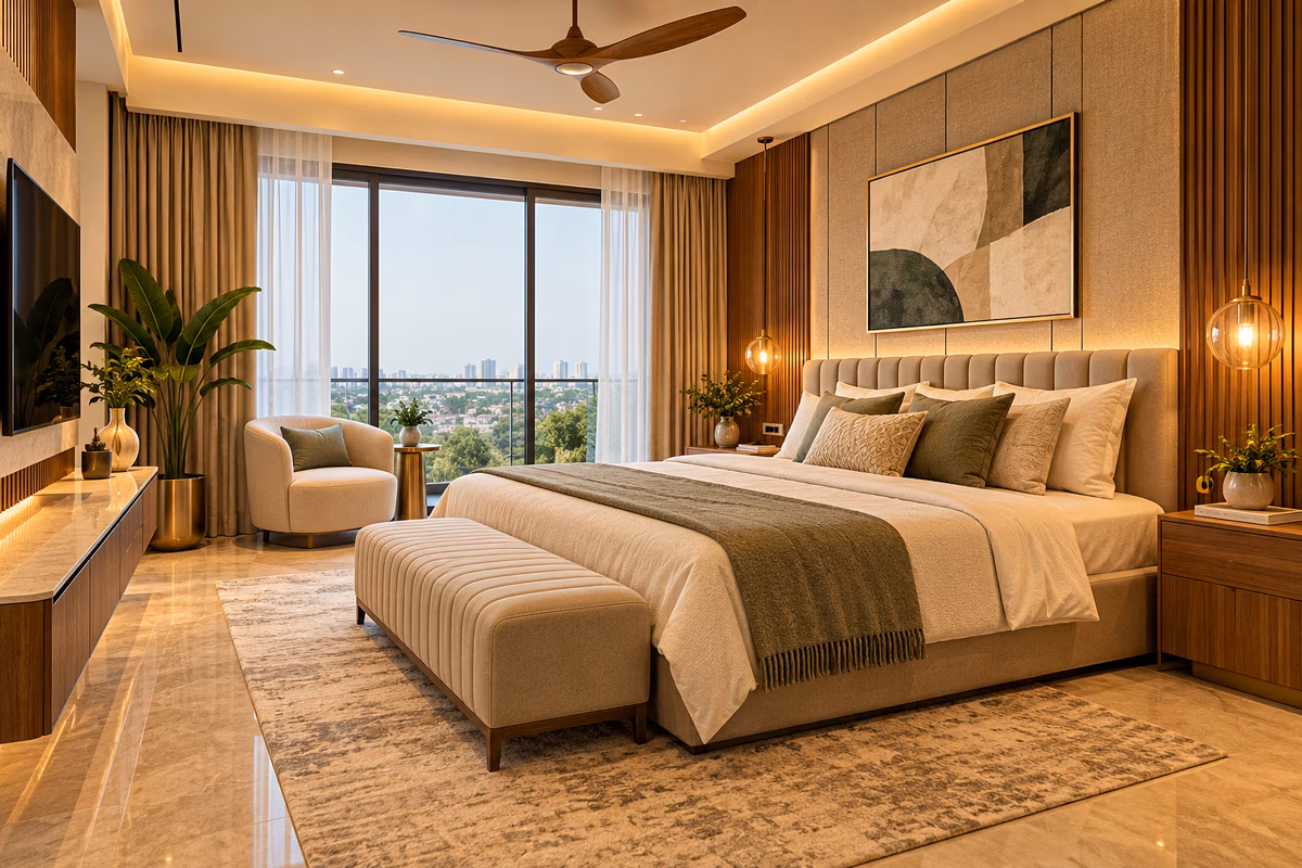 Master bedroom with an upholstered headboard, wood-panelled walls, bench and pendant bedside lights by ASK Design and Build