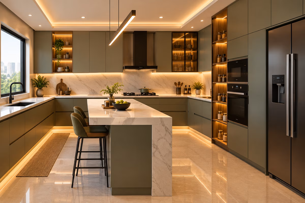 Modular kitchen with sage green cabinets, a marble-topped island, tall pantry shelving and built-in appliances by ASK Design and Build
