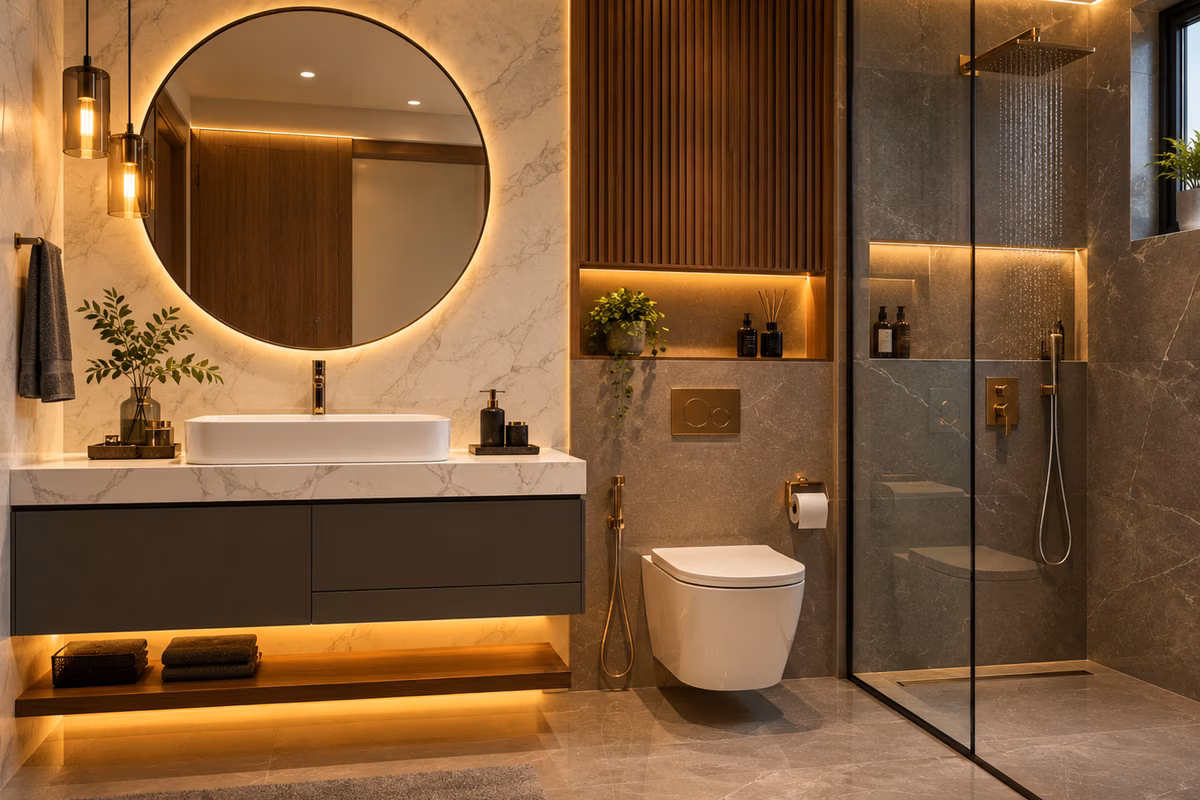 Bathroom with a floating vanity, backlit round mirror, wall-hung WC and glass-partitioned shower by ASK Design and Build