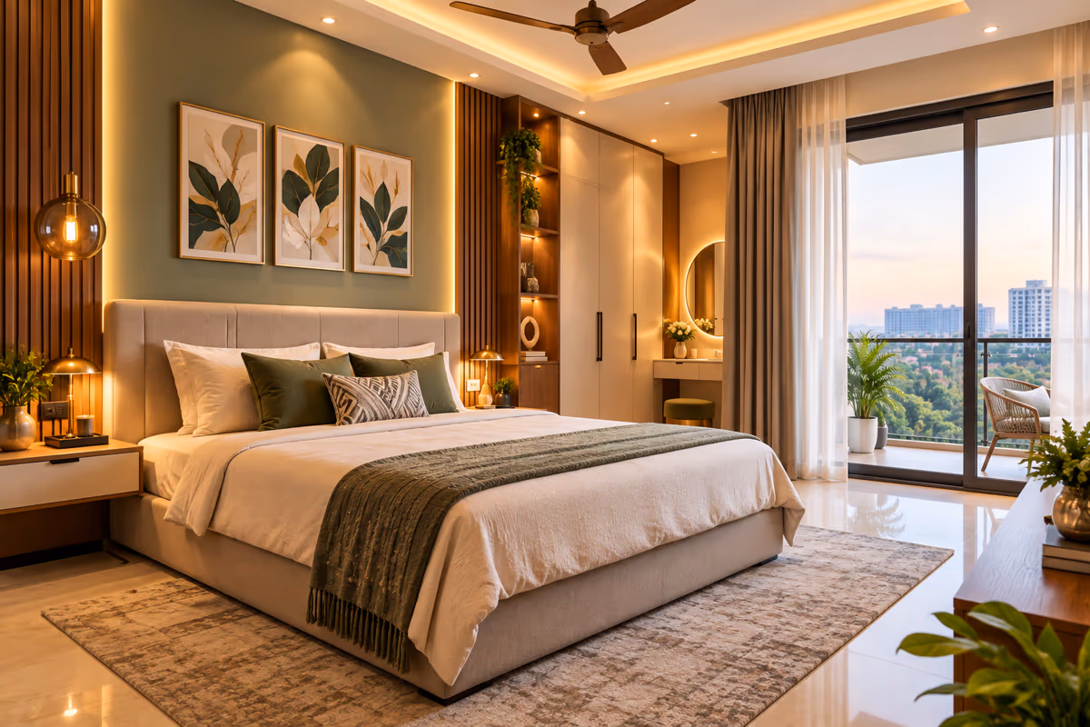 Master bedroom with an upholstered bed, full-height wardrobe, dressing unit and balcony view by ASK Design and Build