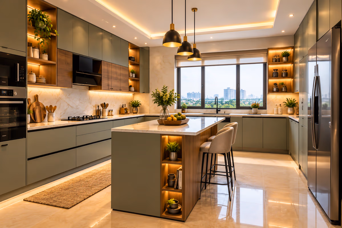 Modular kitchen with sage green cabinets, an island with open shelving and pendant lights by ASK Design and Build