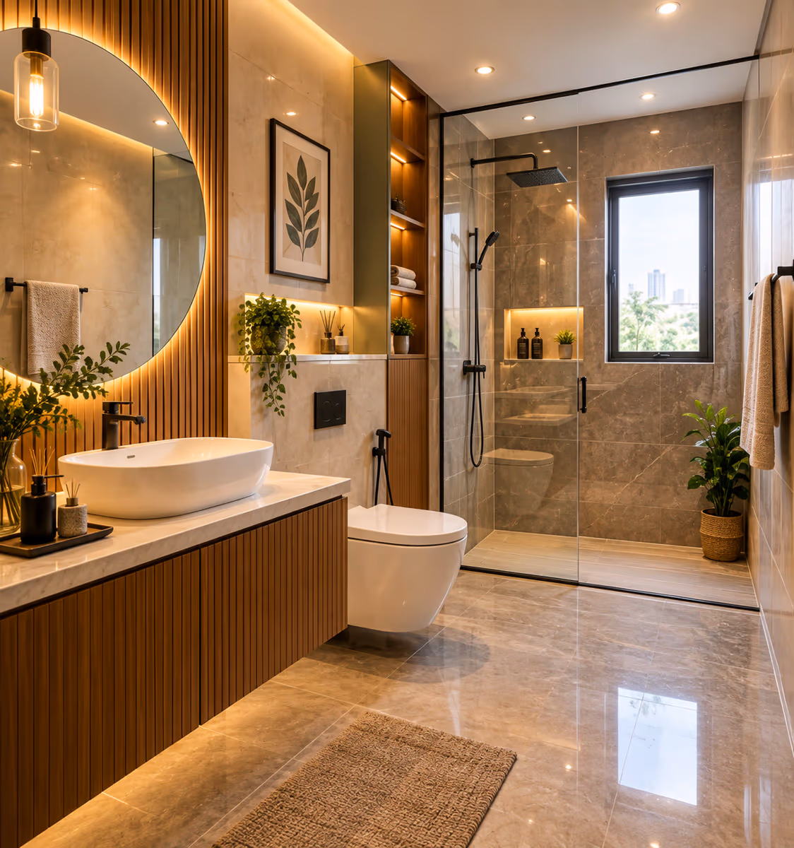 Bathroom with a floating fluted vanity, backlit round mirror and glass shower enclosure by ASK Design and Build