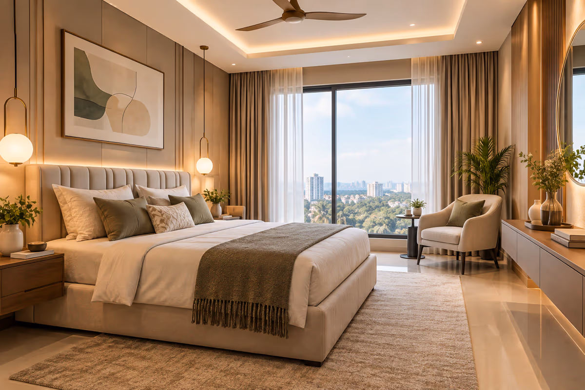 Master bedroom with a panelled headboard wall, pendant lights, lounge chair and dresser storage by ASK Design and Build