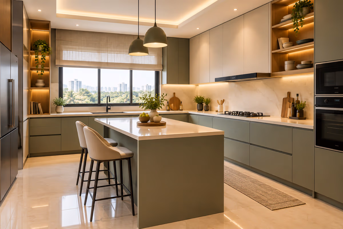 Modular kitchen with sage green and white cabinets, an island counter and open wood shelving by ASK Design and Build