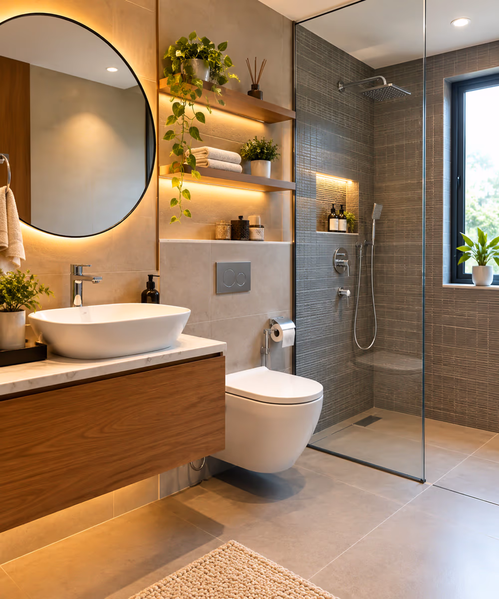 Bathroom with textured grey tiles, a wall-hung wood vanity, backlit mirror and glass shower partition by ASK Design and Build