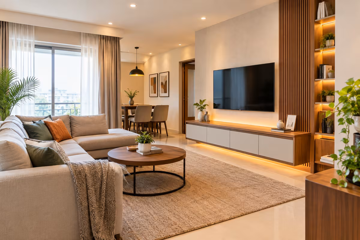Concept visualisation of a living and dining layout with clear circulation around an L-shaped sofa