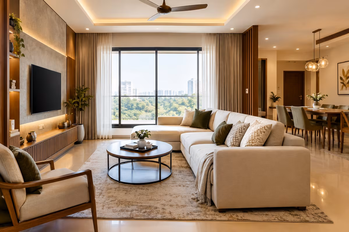 Concept visualisation of a living room combining daylight from full-height windows with cove and accent lighting