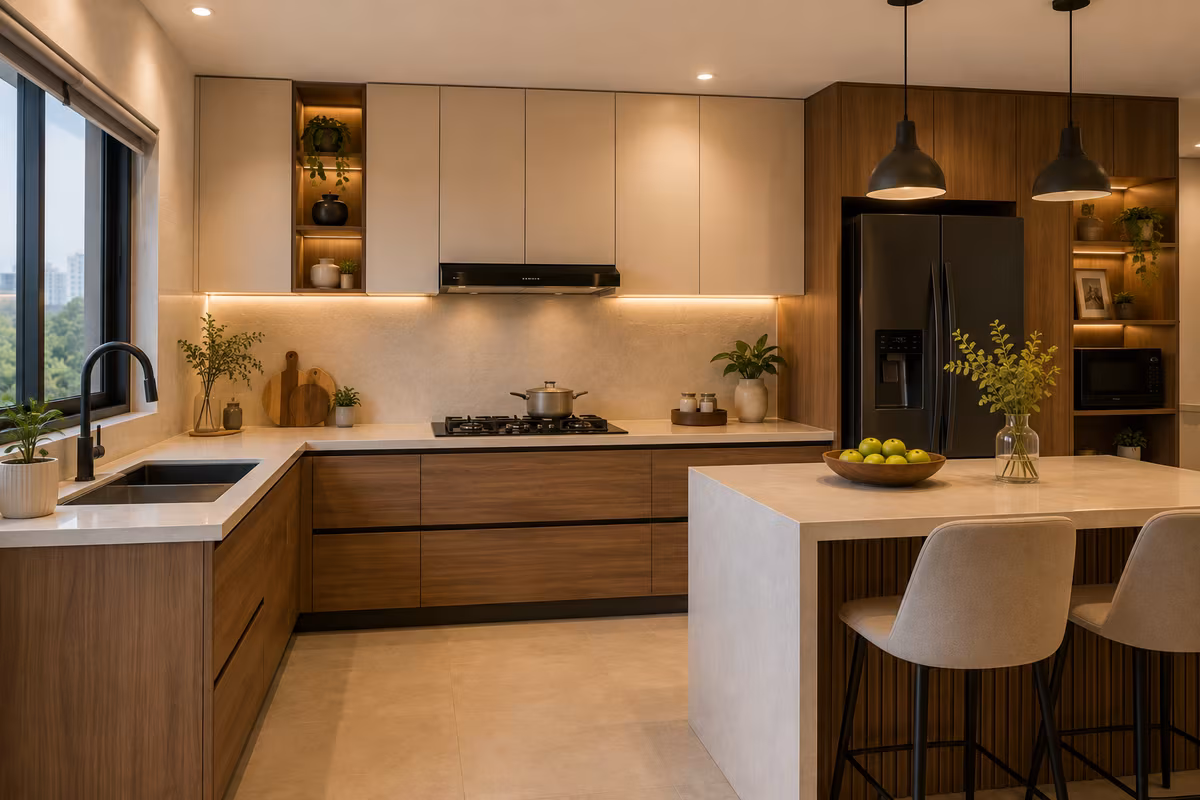 Concept visualisation of a modular kitchen with tall units, overhead cabinets and an island counter