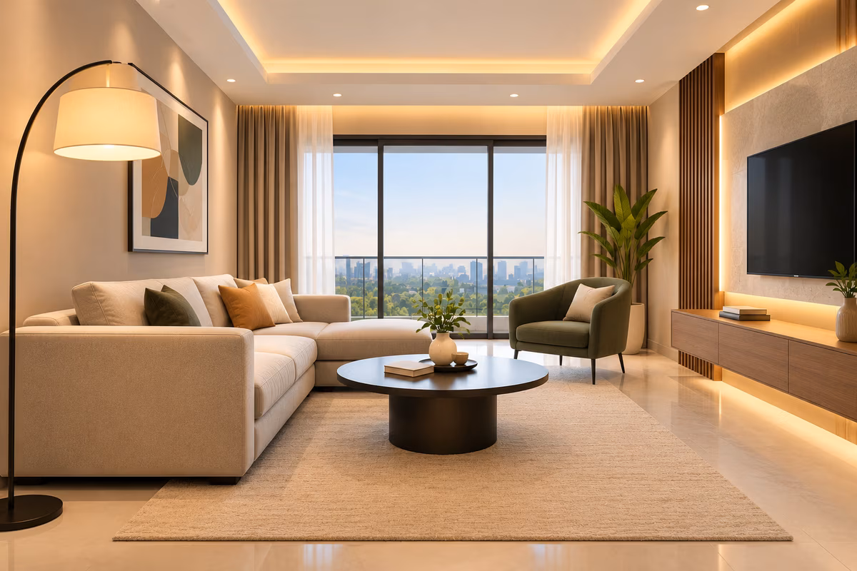 Living room with an L-shaped beige sofa, round coffee table, olive accent chair and floating wooden TV unit by ASK Design and Build