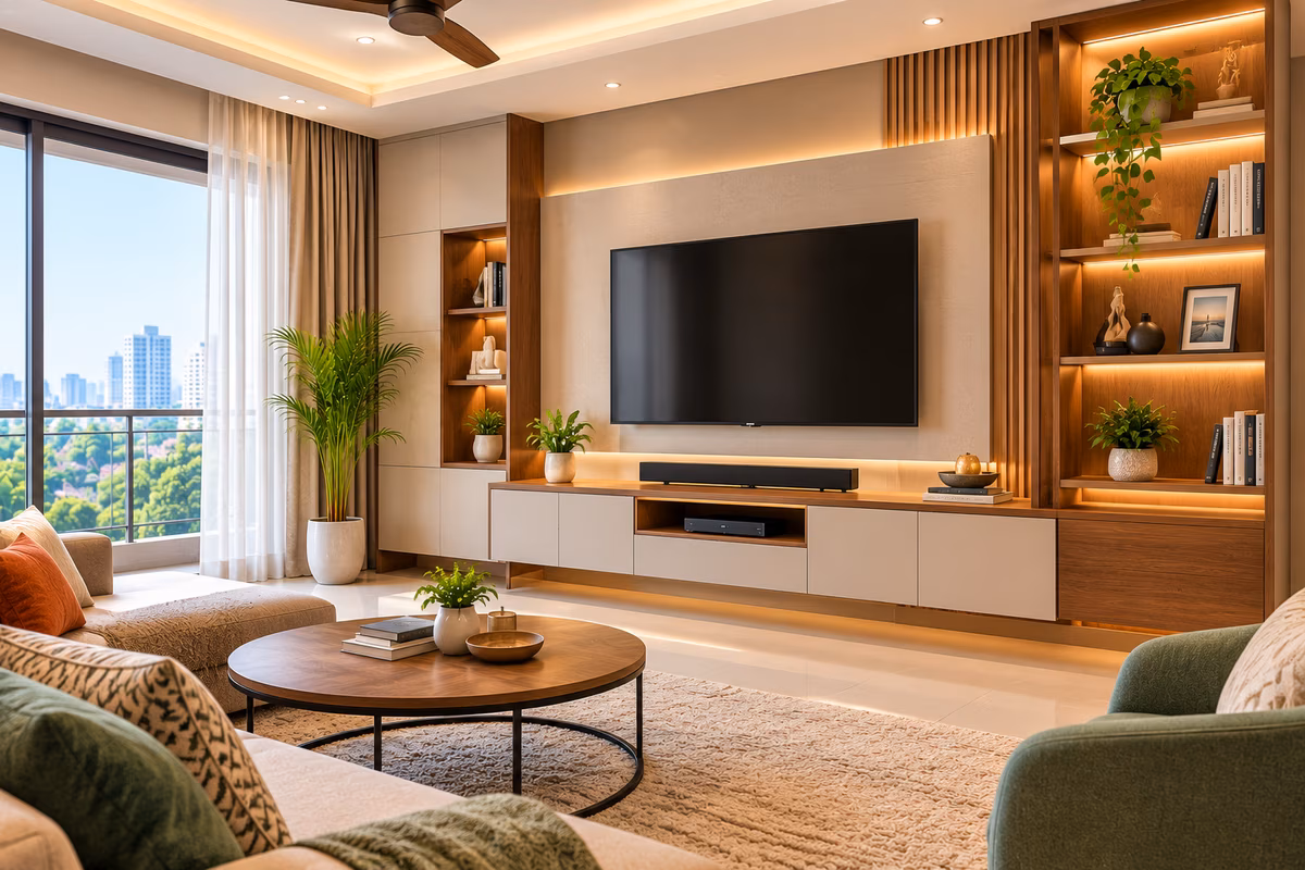 TV wall with closed cabinets, backlit open display shelves and wooden slat panels by ASK Design and Build