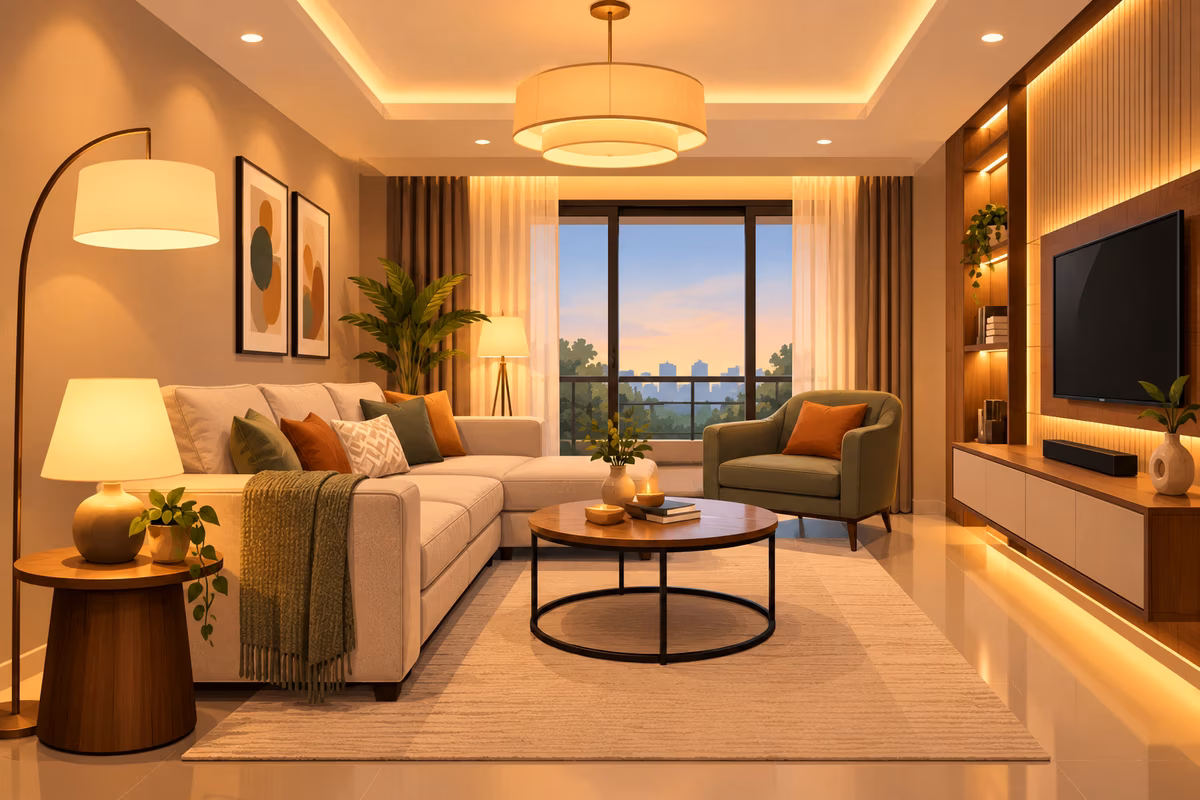 Living room in the evening lit by a cove ceiling, drum pendant, floor lamps and a table lamp by ASK Design and Build