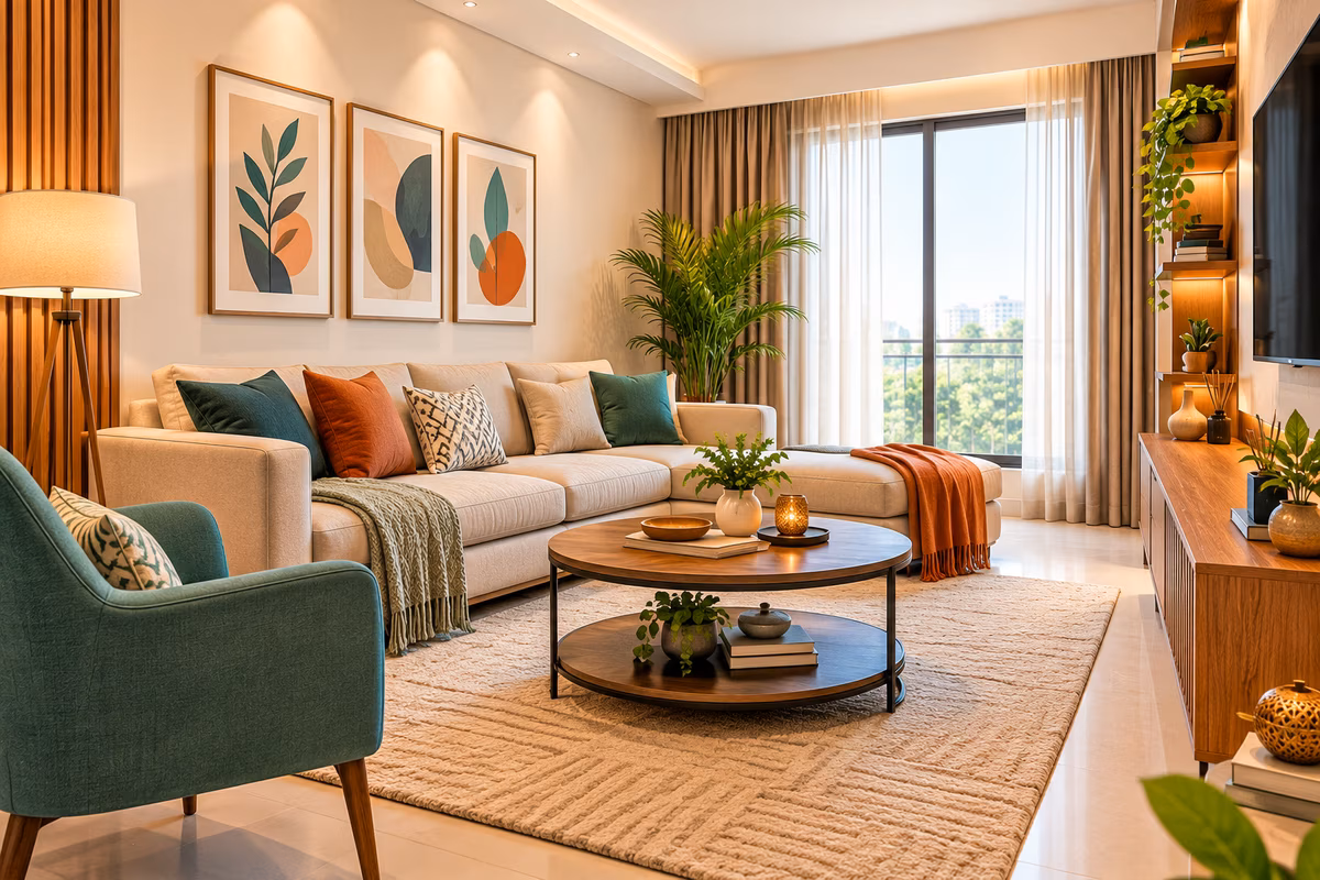 Neutral living room layered with a textured rug, knitted throws, patterned cushions, a teal accent chair and framed botanical prints by ASK Design and Build