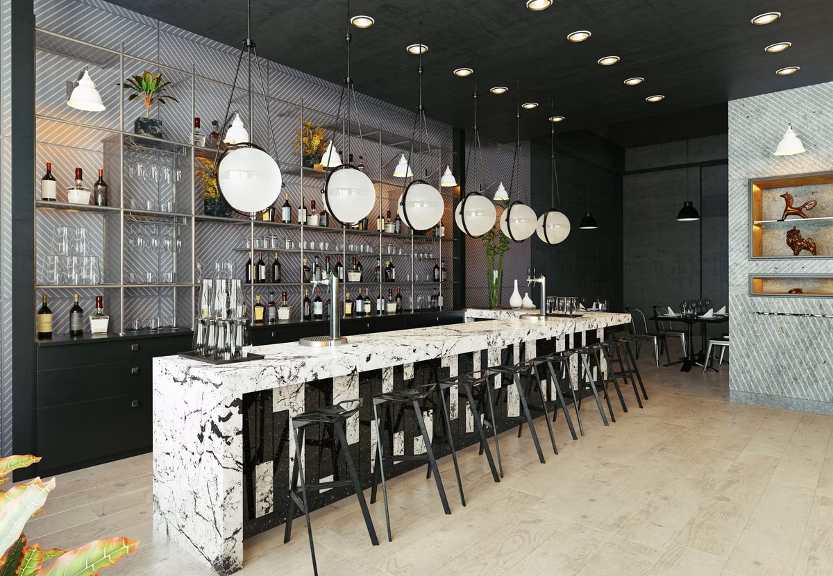 Modern minimalist bar with marble countertop, sleek bar stools, and contemporary lighting