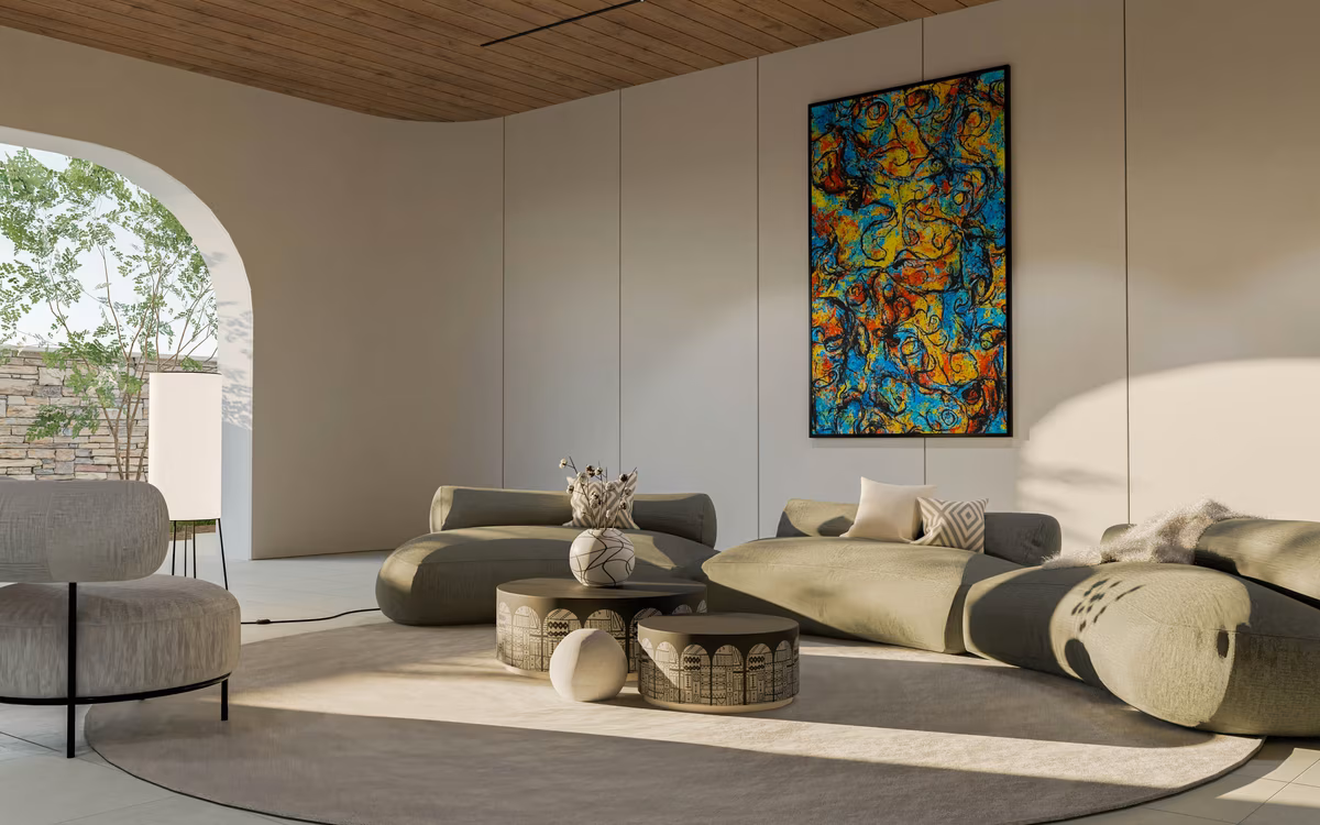 Modern living room with vibrant abstract art and curved seating