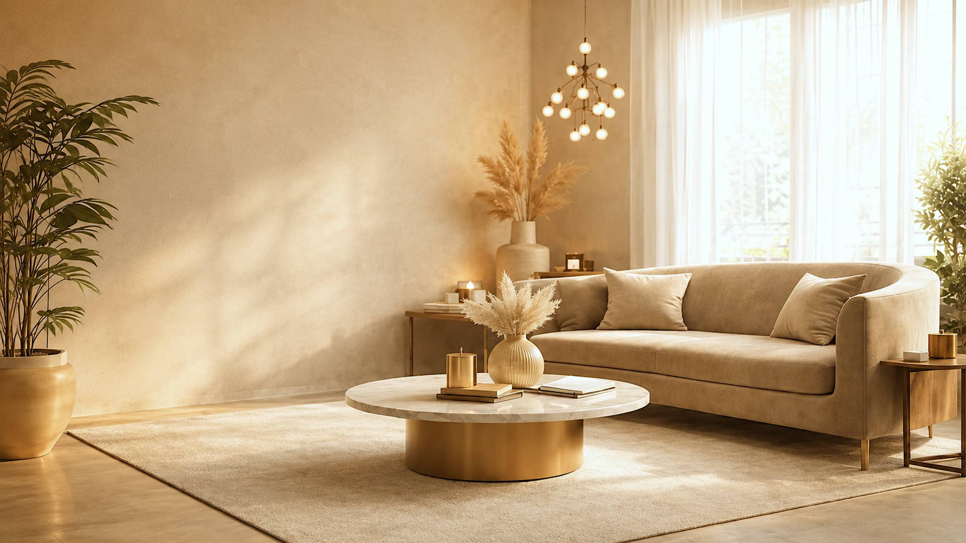 Luxury beige living room interior with designer lighting by ASK Design and Build, Mumbai