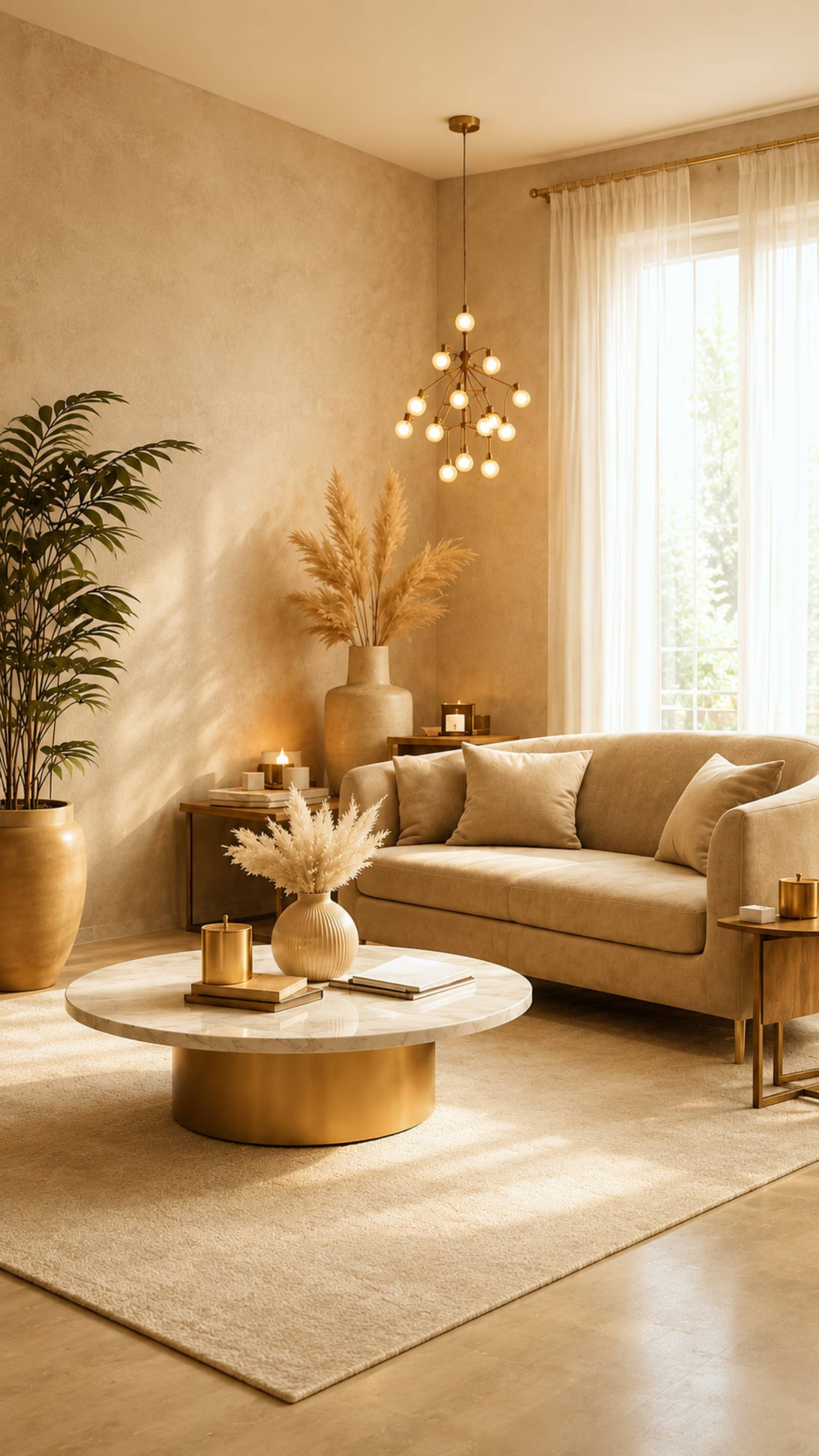 Luxury beige living room interior with designer lighting by ASK Design and Build, Mumbai