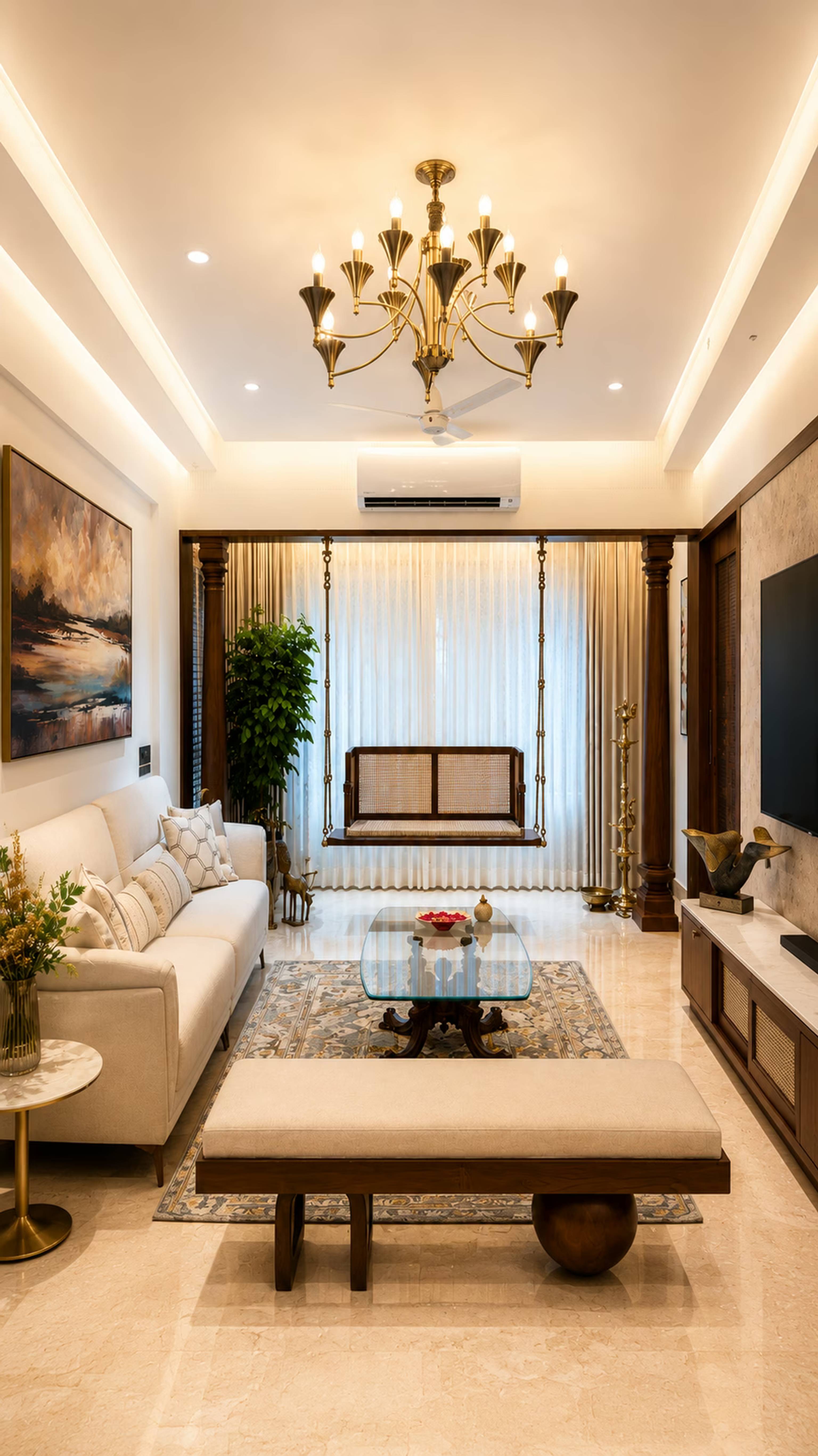 Elegant living room with chandelier and classic swing designed by ASK Design and Build, Mumbai
