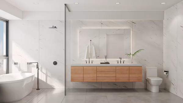 Modern zen bathroom with white marble walls, floating oak vanity, and freestanding tub