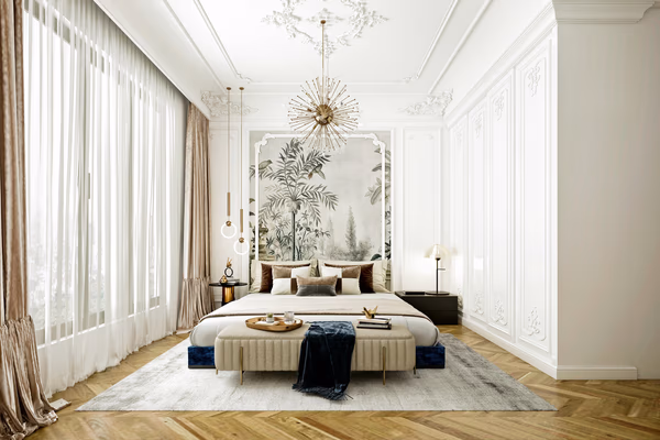 Modern Parisian bedroom with ornate details and botanical mural