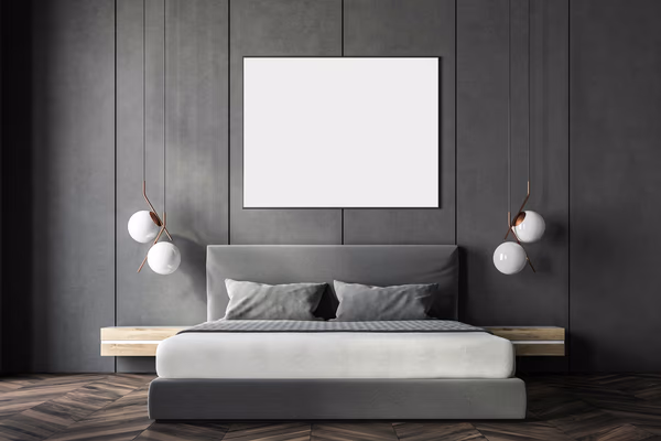 Modern monochrome bedroom with geometric wall panels and copper lighting