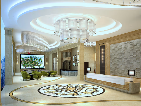 Luxurious lobby area with grand chandeliers, plush seating, and marble reception desk