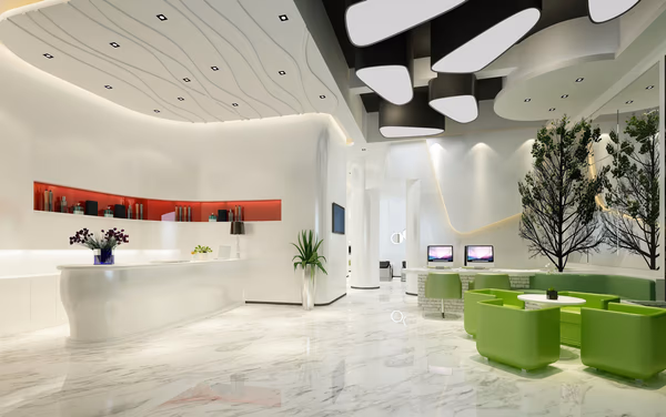 Futuristic reception area with curved desk, green seating, and sculptural ceiling elements