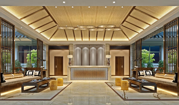 Elegant traditional lobby with wooden seating, decorative ceiling, and warm lighting