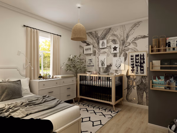 Modern nursery with botanical wall mural and scandinavian-inspired furniture