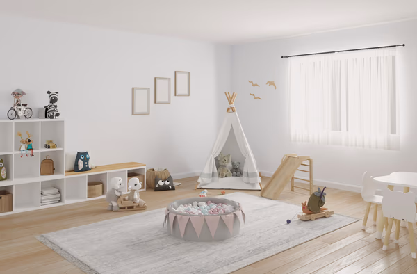 Modern Montessori playroom with climbing equipment and organized play zones