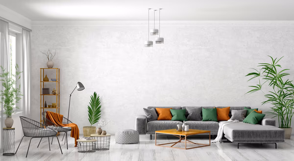 Scandinavian living room with grey sofa and colorful accent pillows