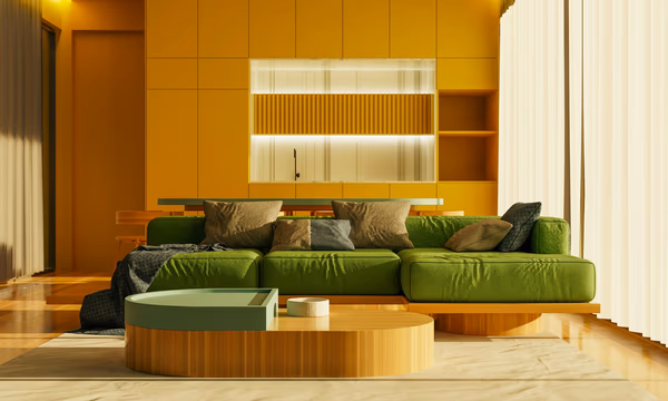 Modern living room with mustard accent wall and emerald green sofa